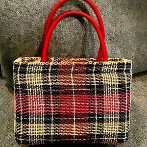 Plaid Handbag with Red Handles
